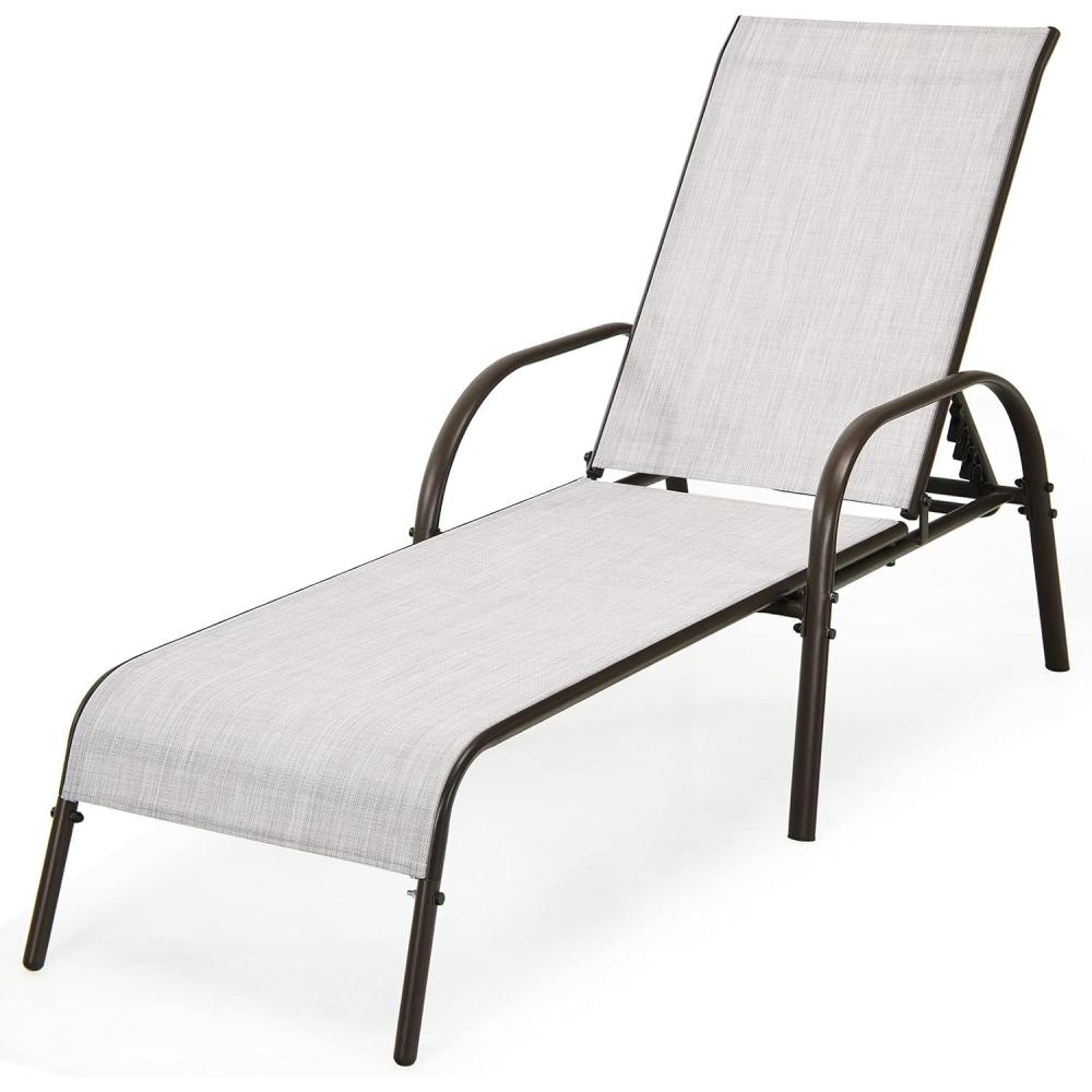 image:imageGiantex Patio Lounge Chair Outdoor Chaise Lounge with 5 Adjustable Backrest Sturdy Steel Frame Sunbathing Recliner Beach Chair Tanning Chair for Outside Yard Balcony Pool Chairs BlackGrey