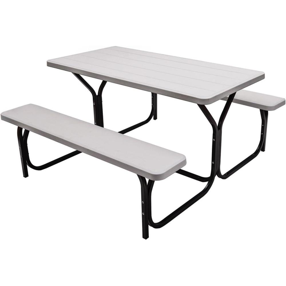 image:imageGiantex Picnic Table Bench Set Outdoor Camping All Weather Metal Base WoodLike Texture Backyard Poolside Dining Party Garden Patio Lawn Deck Large Camping Picnic Tables for Adult WhiteWhite