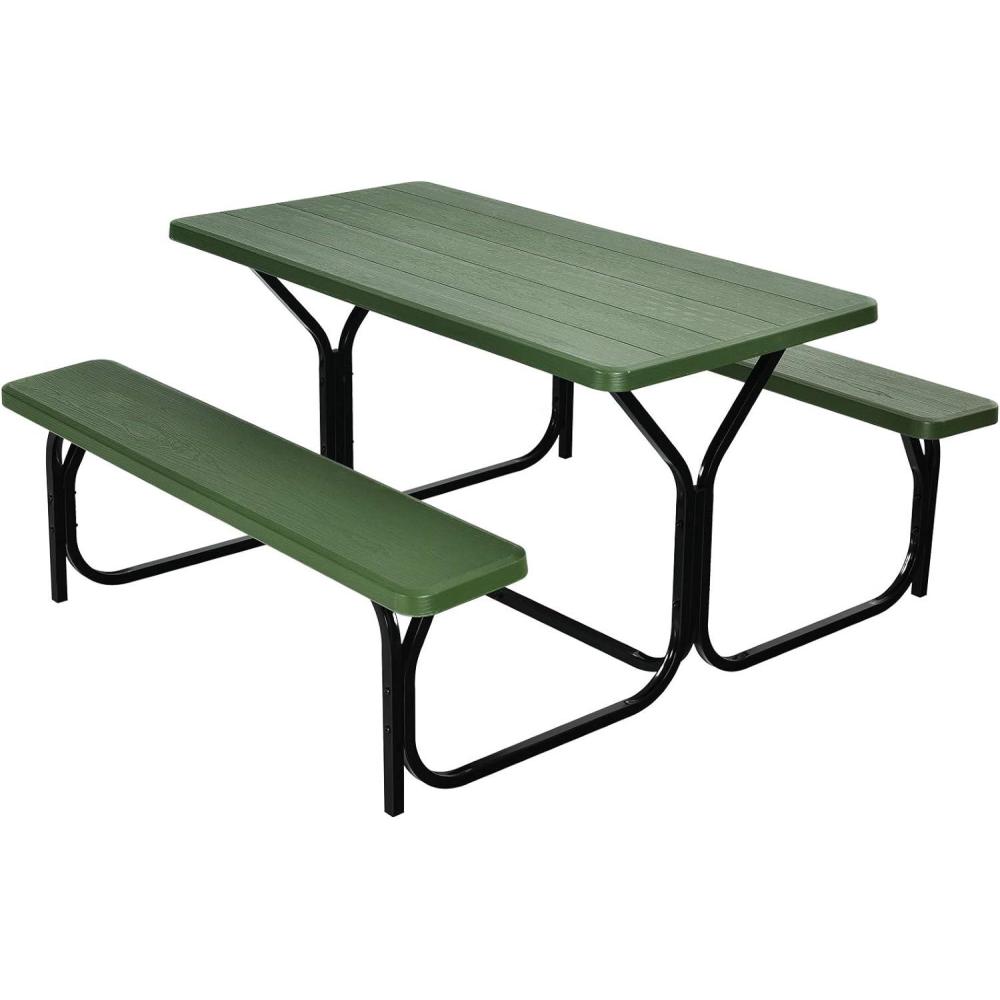 image:imageGiantex Picnic Table Bench Set Outdoor Camping All Weather Metal Base WoodLike Texture Backyard Poolside Dining Party Garden Patio Lawn Deck Large Camping Picnic Tables for Adult WhiteGreen
