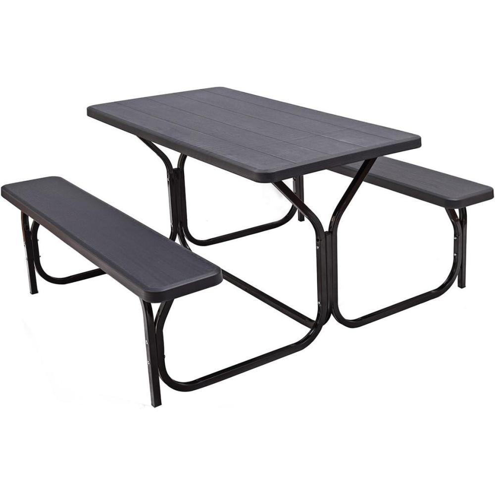 image:imageGiantex Picnic Table Bench Set Outdoor Camping All Weather Metal Base WoodLike Texture Backyard Poolside Dining Party Garden Patio Lawn Deck Large Camping Picnic Tables for Adult WhiteBlack