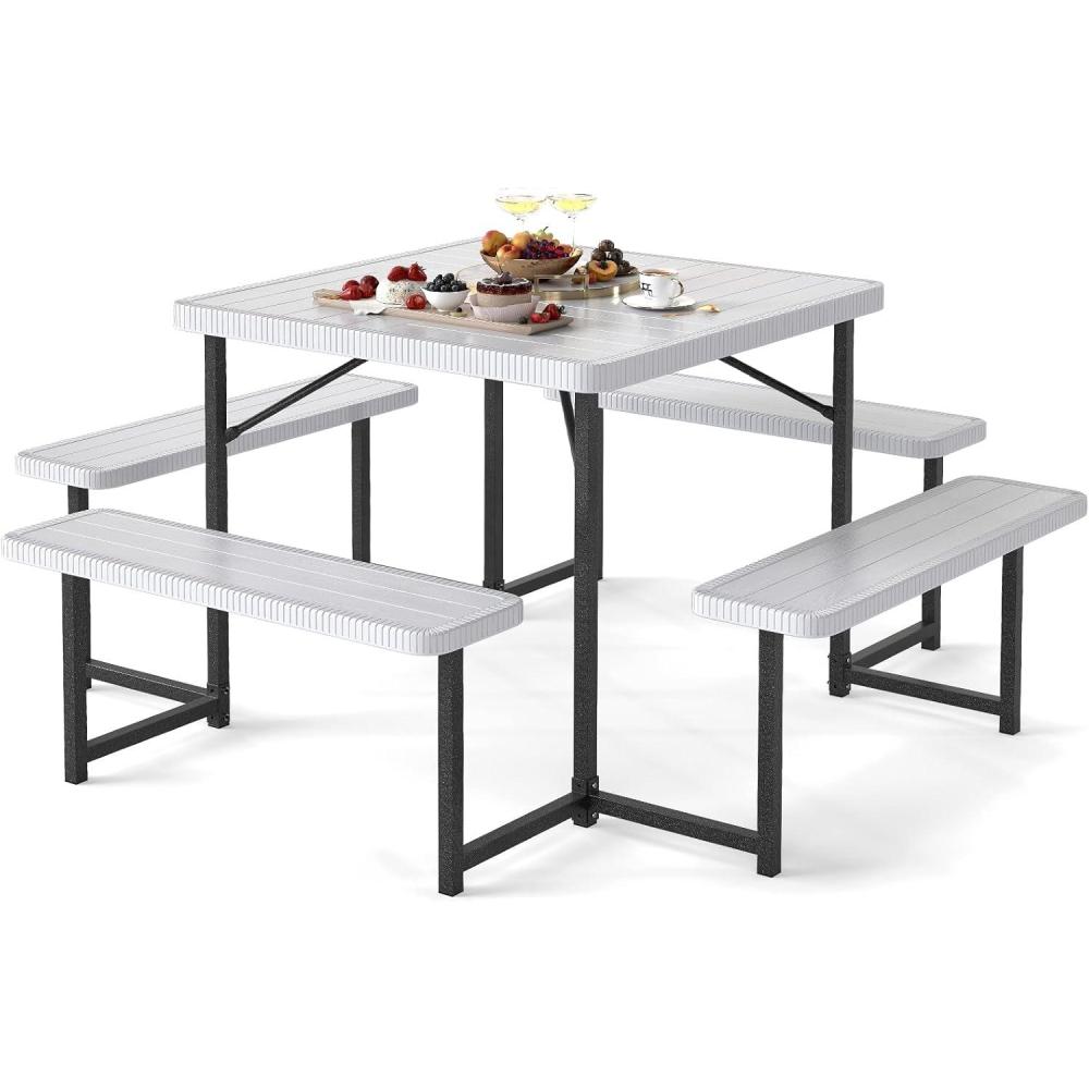 image:imageGiantex Picnic Table Bench Set for 4 People 45FT Outdoor Rectangular Dining Table amp 2 Benches wUmbrella Hole HDPE Tabletop Metal Frame Patio Garden Backyard Poolside 45FTNonFoldableGrayWhite