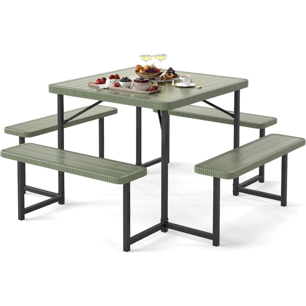 image:imageGiantex Picnic Table Bench Set for 4 People 45FT Outdoor Rectangular Dining Table amp 2 Benches wUmbrella Hole HDPE Tabletop Metal Frame Patio Garden Backyard Poolside 45FTNonFoldableGrayGreen