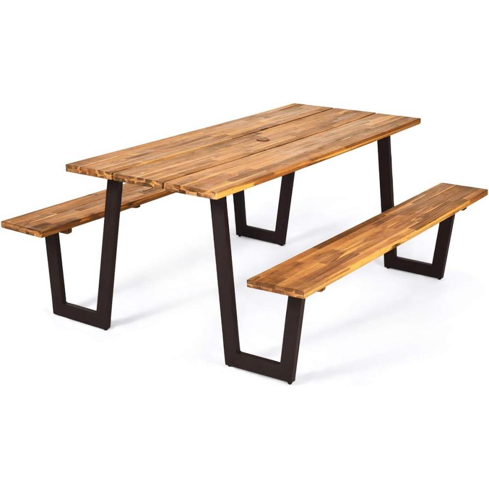 image:imageGiantex Picnic Table Bench Set with Umbrella Hole Outdoor Dining Table Set 70 Acacia Wood Picnic Beer Table with Metal Frame PatentedRustic