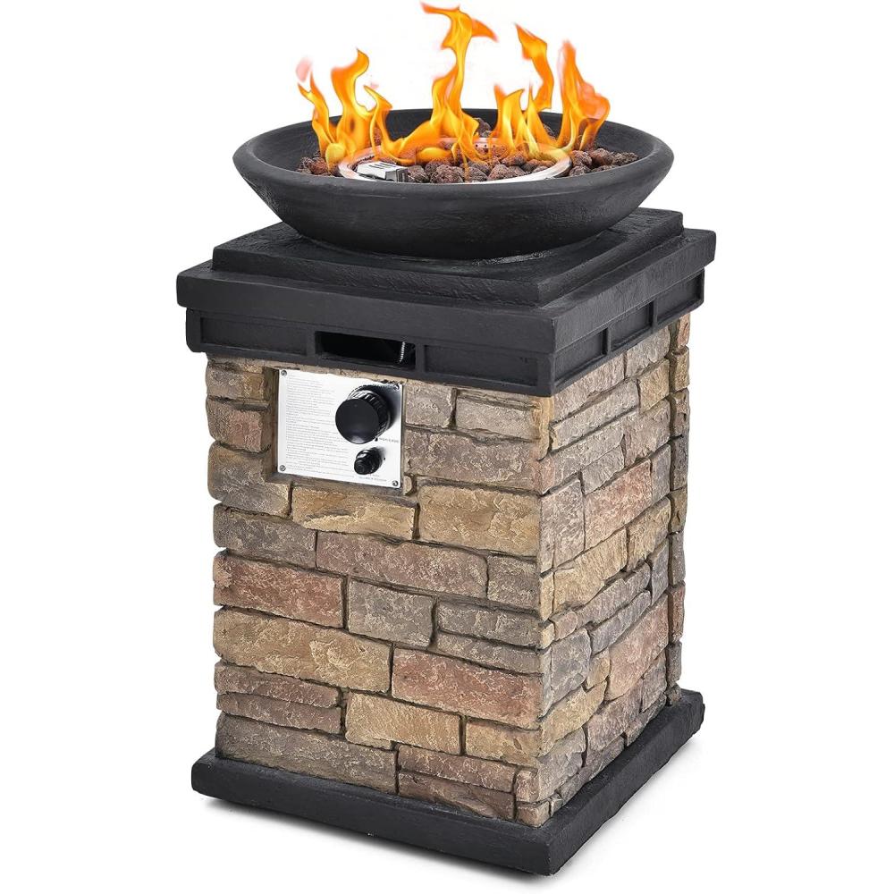 image:imageGiantex Propane Fire Bowl Column 40000 BTU Outdoor Gas Fire Pit Compact Ledge Stone Firepit Table with Lava Rocks and Rain Cover