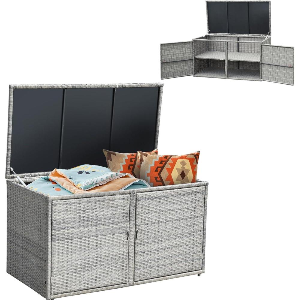 image:imageGiantex Rattan Deck Box 88 Gallon Wicker Storage Box WSeparate Storage Shelf Openable Door Steel Frame Toys and Tools Organize for Yard Garden Balcony Porch Patio Rattan Storage Box BrownGray