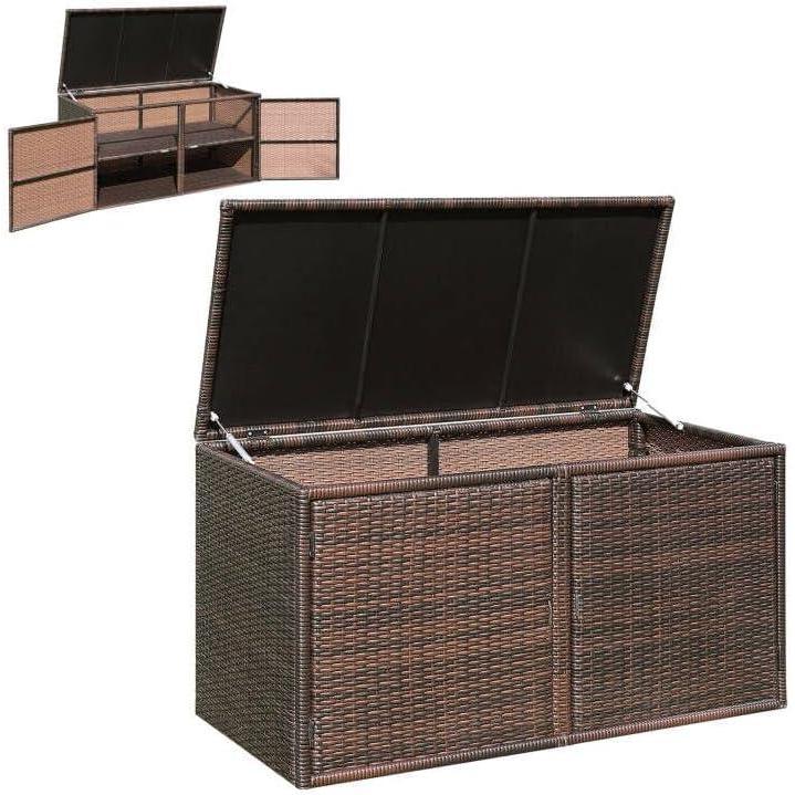 image:imageGiantex Rattan Deck Box 88 Gallon Wicker Storage Box WSeparate Storage Shelf Openable Door Steel Frame Toys and Tools Organize for Yard Garden Balcony Porch Patio Rattan Storage Box BrownBrown