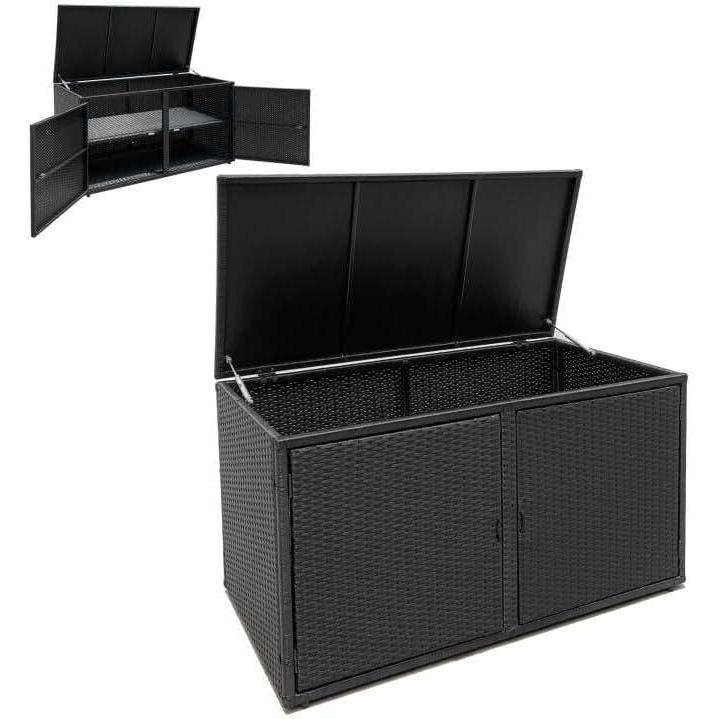 image:imageGiantex Rattan Deck Box 88 Gallon Wicker Storage Box WSeparate Storage Shelf Openable Door Steel Frame Toys and Tools Organize for Yard Garden Balcony Porch Patio Rattan Storage Box BrownBlack