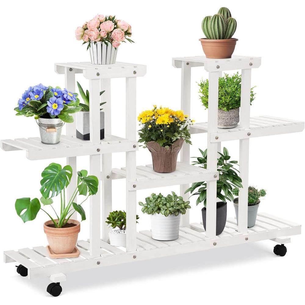 image:imageGiantex Rolling Flower Rack Wood Plant Stand on Wheels 6 Wood Shelves 12 Pots Bonsai Display Shelf Indoor Outdoor Yard Garden Patio Balcony Living Room Storage Rack Bookshelf Hollow Shelves WhiteWhite