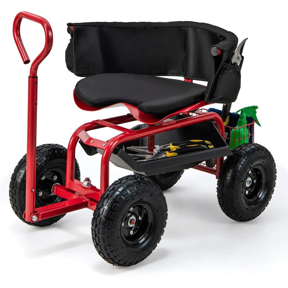 image:imageGiantex Rolling Garden Cart 360 Swivel Workseat with 4 Wheels Removal Cushion amp Tool Tray Storage Basket Gardening Wagon Scooter with Adjustable Height Handle RedRed
