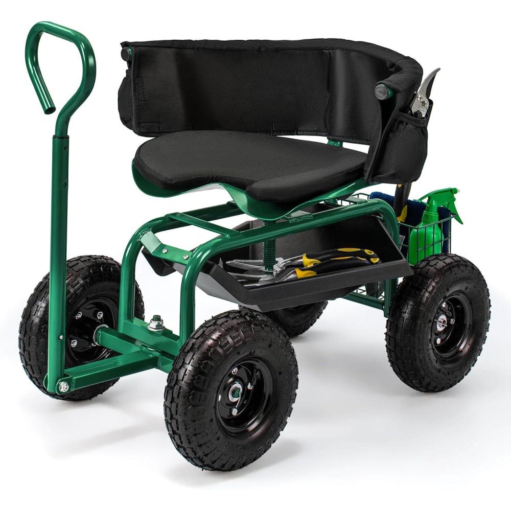image:imageGiantex Rolling Garden Cart 360 Swivel Workseat with 4 Wheels Removal Cushion amp Tool Tray Storage Basket Gardening Wagon Scooter with Adjustable Height Handle RedGreen