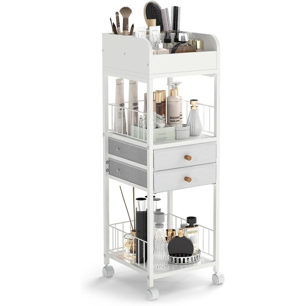 image:imageGiantex Rolling Makeup Organizer Cart with Drawers amp Shelves Cosmetic Storage Rack with Lockable Wheels Top Display Case Vanity Organizer for Skincare Perfume Brushes amp Hair Tools White