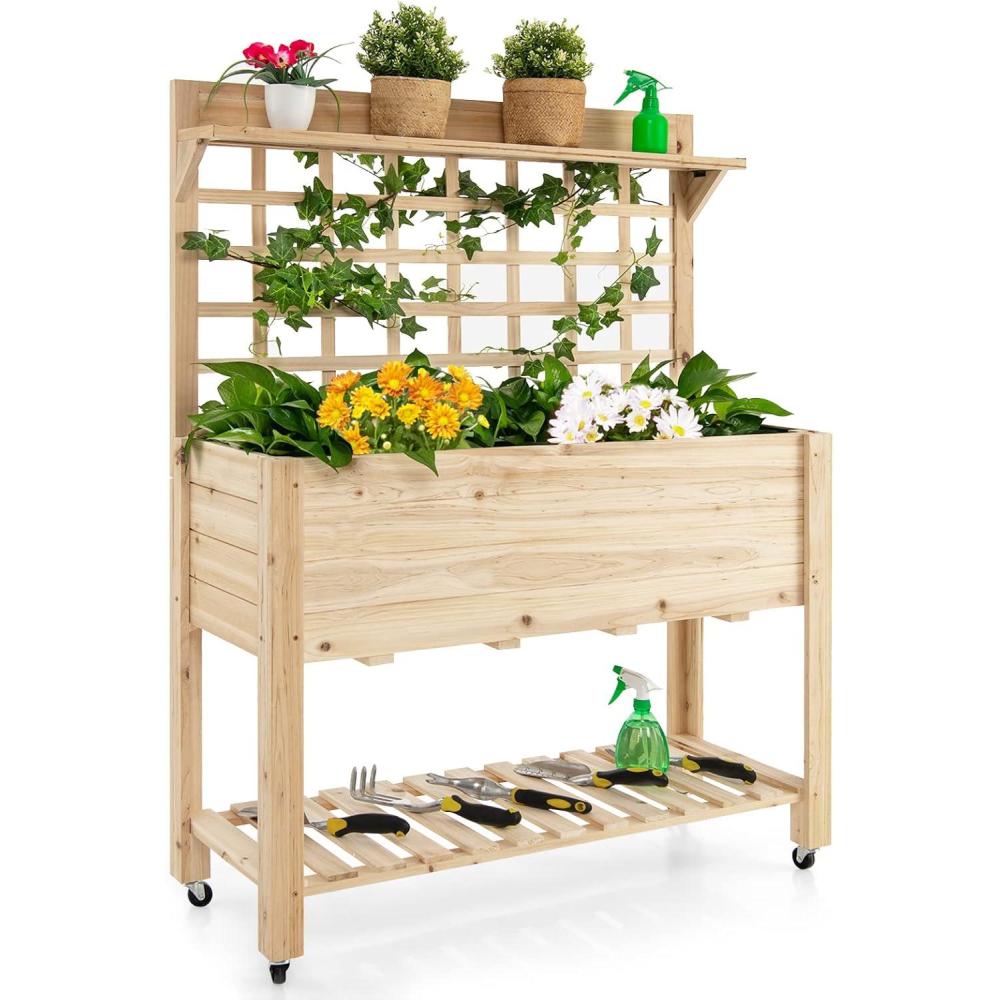 image:imageGiantex Rolling Raised Garden Bed with Trellis Wood Planter Box on Wheels Black Liner Storage Shelf Garden Trellis for Vine Climbing Flower Vegetable Herb or Hanging Tools 415x16x 54Natural