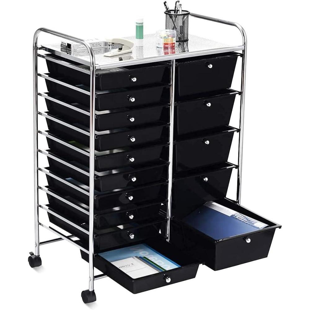 image:imageGiantex Rolling Storage Cart with 15 Drawers Mobile Book Paper Organizer Tools Trolley with Wheels Ideal for School Office Home Black