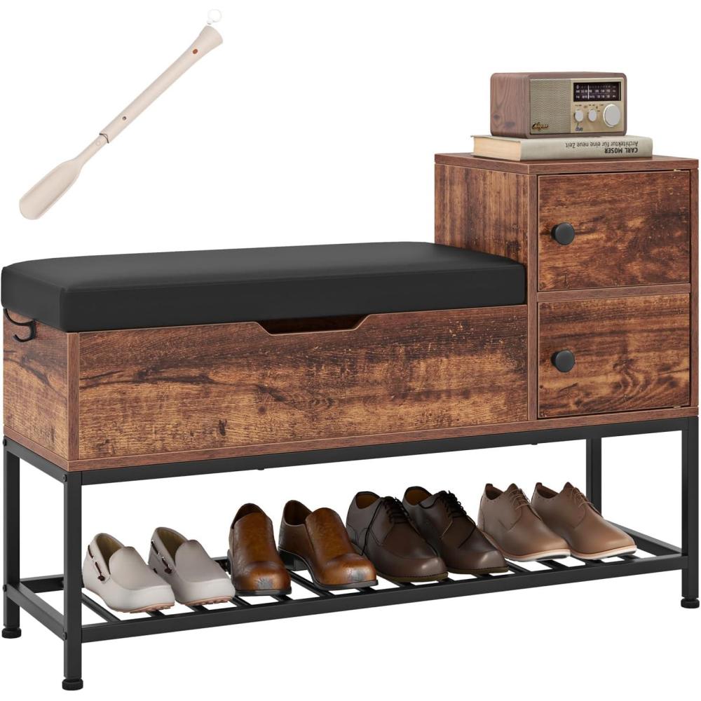 image:imageGiantex Rustic Brown Entryway Bench with Storage Flip Top Box 2 Door Cabinets Padded Cushion Shoehorn 395 Shoe Organizer for Hallway FoyerRustic Brown