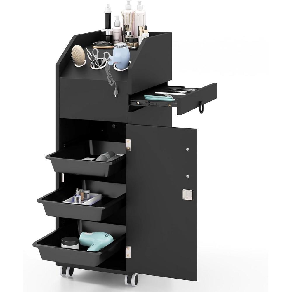 image:imageGiantex Salon Cart for Hair Stylists Lockable Wood Trolley Cart on Wheels 3Drawer Storage Cabinet Side Tool Tray Hair Dryer Holders Rolling Salon Station for Beauty Spa Barber TattooBlack