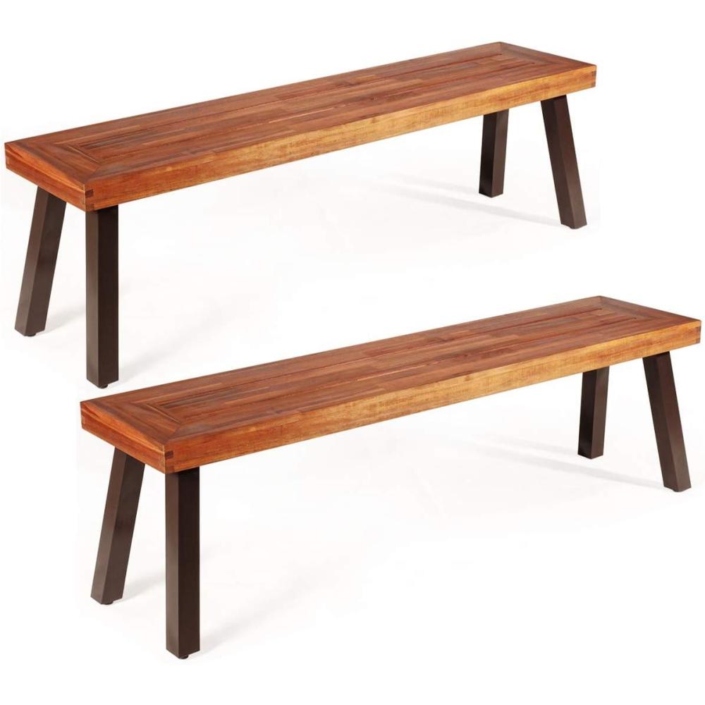 image:imageGiantex Set of 2 Outdoor Bench Acacia Wood Patio Seating Dining Benches for Garden Lawn Farmhouse and Entryway with Metal Legs Rustic Brown and Black 22