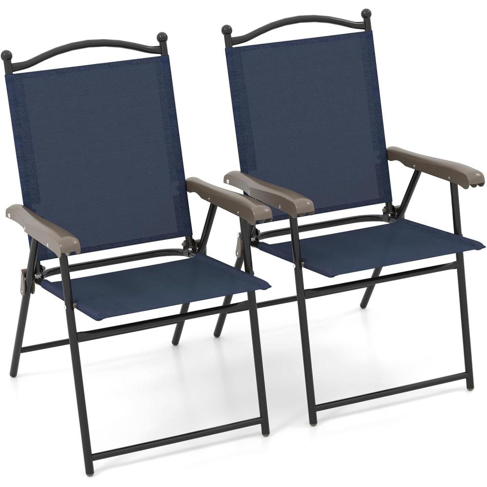 image:imageGiantex Set of 2 Patio Folding Chairs Outdoor Patio Dining Chairs wArmrest Sling Back Metal Frame Outside Use for Lawn Camping Garden Pool Beach Yard Lounge No Assembly YellowNavy