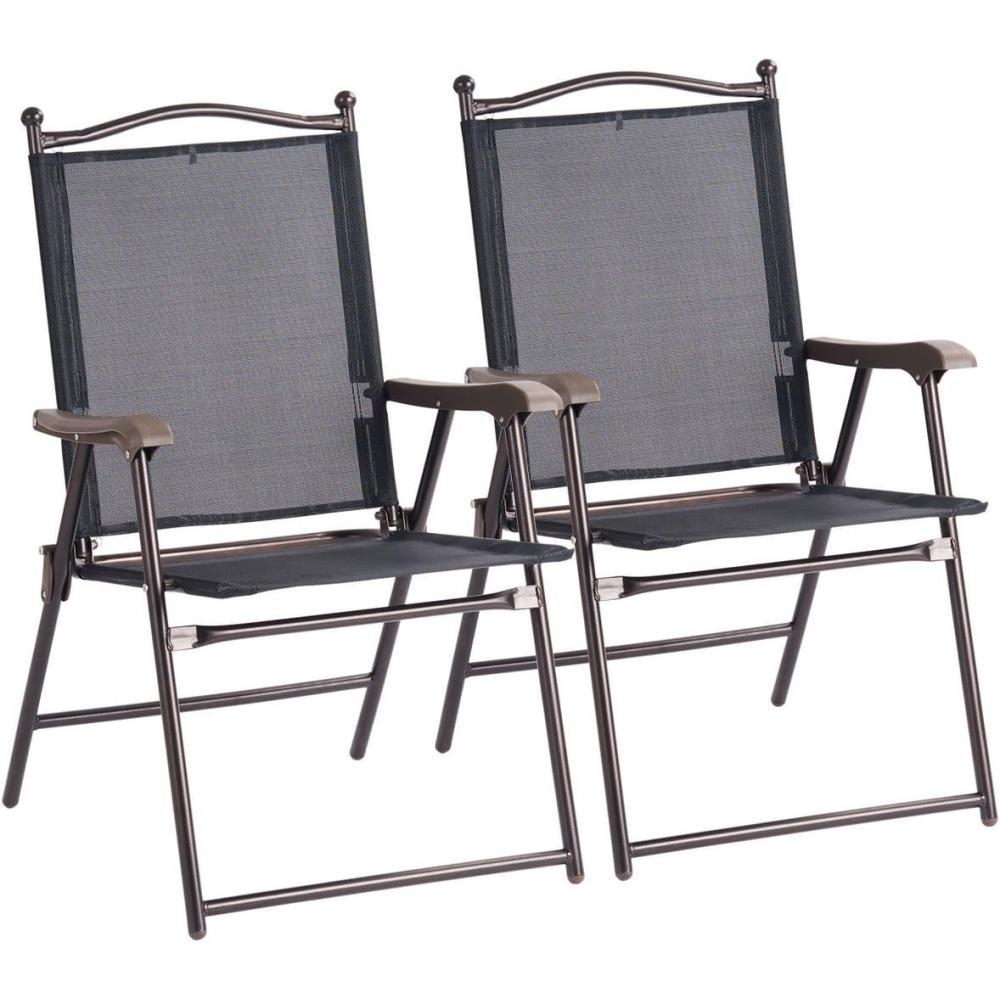 image:imageGiantex Set of 2 Patio Folding Chairs Outdoor Patio Dining Chairs wArmrest Sling Back Metal Frame Outside Use for Lawn Camping Garden Pool Beach Yard Lounge No Assembly YellowBlack