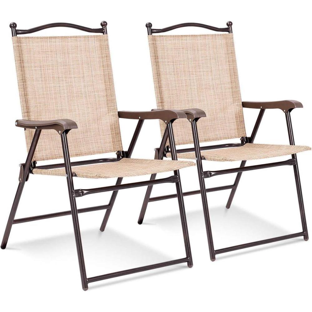 image:imageGiantex Set of 2 Patio Folding Chairs Outdoor Patio Dining Chairs wArmrest Sling Back Metal Frame Outside Use for Lawn Camping Garden Pool Beach Yard Lounge No Assembly YellowYellow