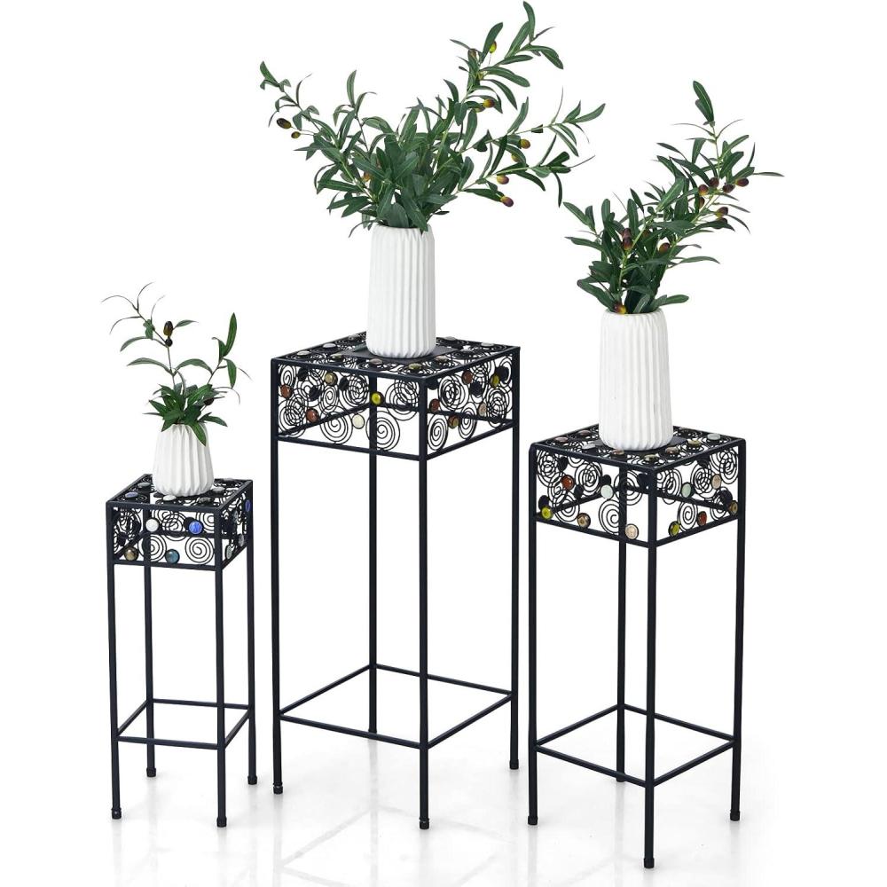 image:imageGiantex Set of 3 Metal Plant Stand 3 Pieces Flower Pot Holder Rack with Ceramic Beads Design Irons Planter Supports Display End Table for Home Patio Garden Square