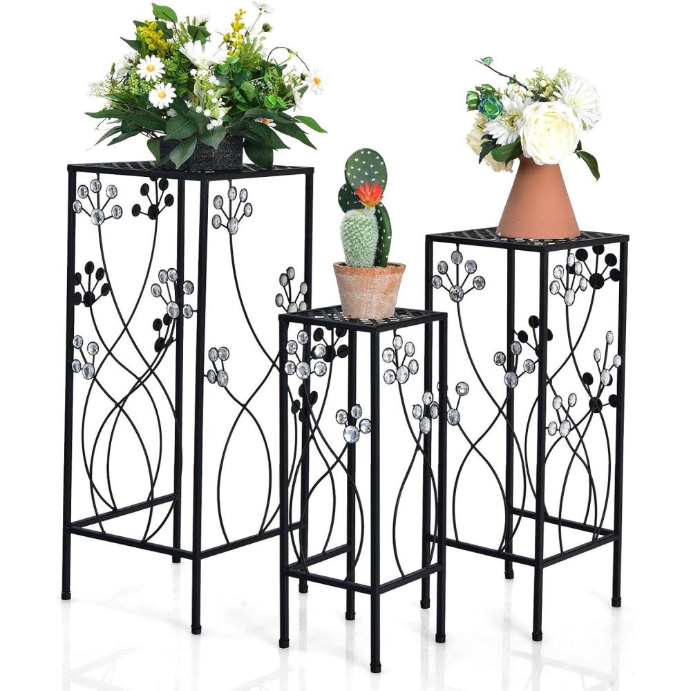 image:imageGiantex Set of 3 Metal Plant Stand 3 Pieces Flower Pots Display Rack with Vines and Crystal Floral Design Irons Planter Supports End Table for Home Patio Garden Square