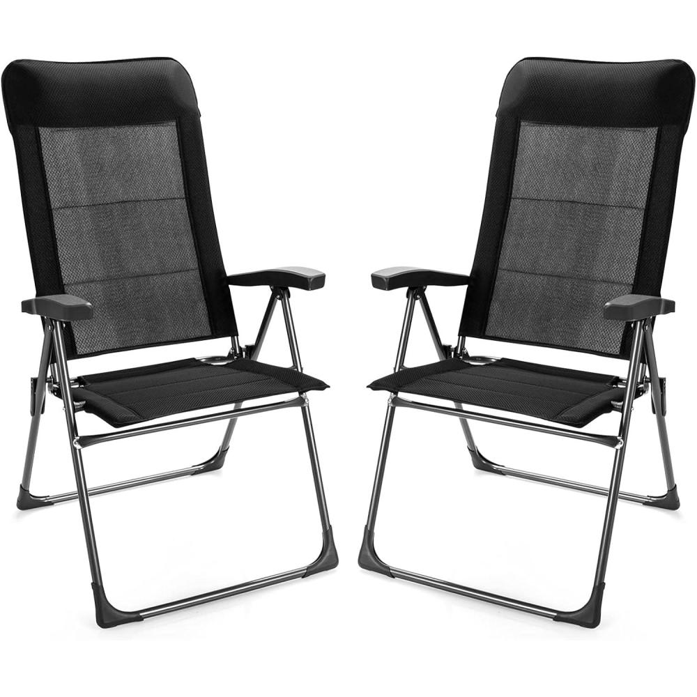 image:imageGiantex Set of 4 Patio Dining Chairs Folding Patio Chairs Outdoor Lawn Chairs with Adjustable Backrest and Headrest Sling Camping Chairs Portable Armchair for Porch Poolside Garden BackyardBlack