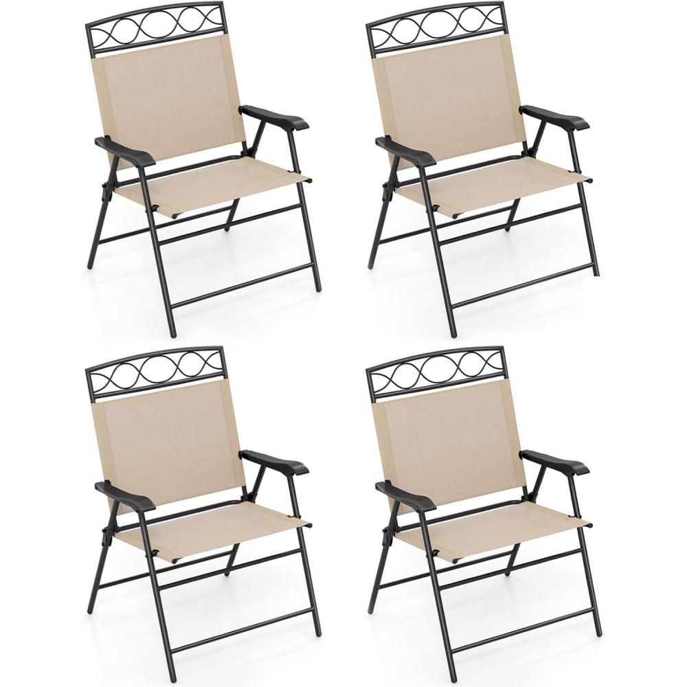 image:imageGiantex Set of 4 Patio Folding dining chairs for Camping Beach Backyard Deck Portable wArmrest and Metal Frame 4Pack BrownBeige