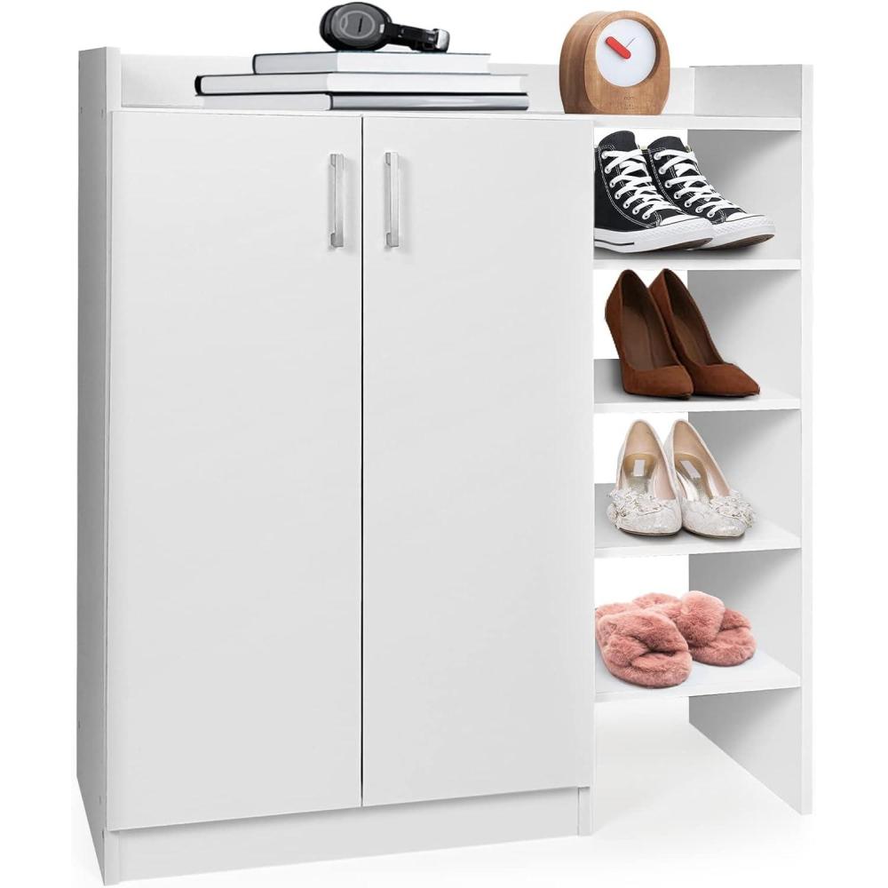 image:imageGiantex Shoe Cabinet Freestanding Shoe Rack Storage Organizer with 5Position Adjustable Shelves 2Door Storage Cabinet with 5 Open Compartments for Entryway Hallway Living Room White