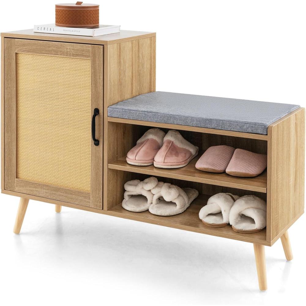 image:imageGiantex Shoe Cabinet with Shoe Bench Rattan Shoe Storage Cabinet Shoe Rack Organizer for 1012 Pairs Padding Seat Cushion Boho Entryway Bench with Shelves for Hallway Mudroom Bedroom