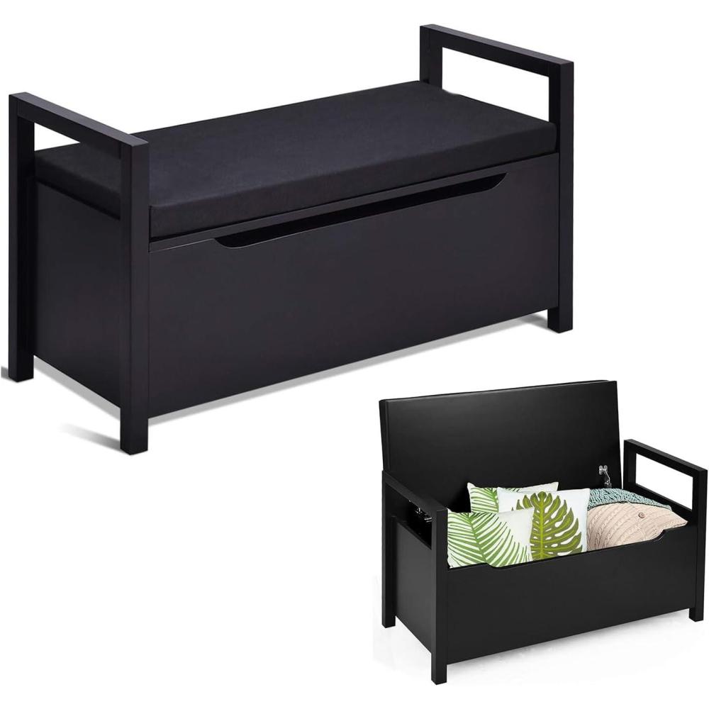 image:imageGiantex Shoe Storage Bench with Cushion Entryway Storage Benches End of Bed Bench for Bedroom Wood Shoe Bench with Seat 345 L155 W195 H BlackBlack