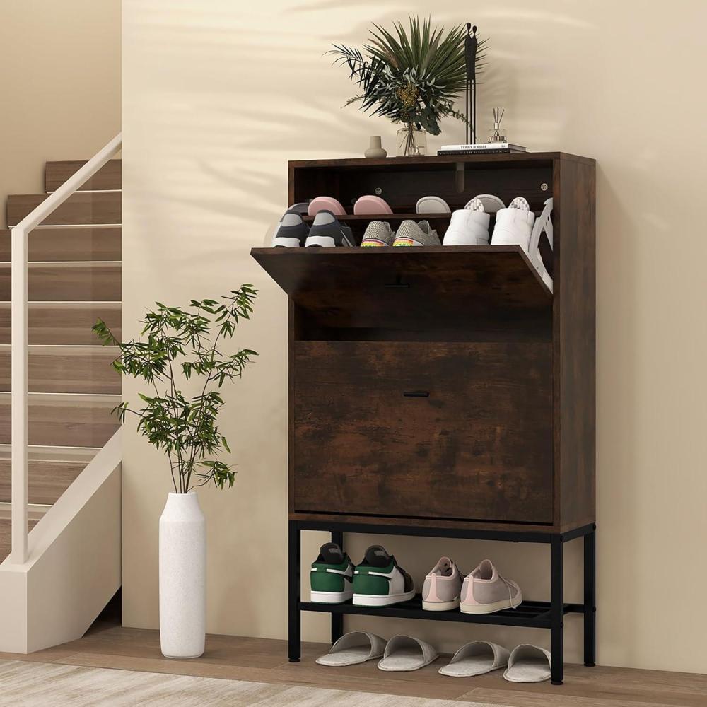 image:imageGiantex Shoe Storage Cabinet Hidden Shoe Organizer with 2 Flip Drawers Adjustable amp Removable Interior Shelves Freestanding Narrow Shoe Rack Cabinet for Entryway Hallway Rustic Brown