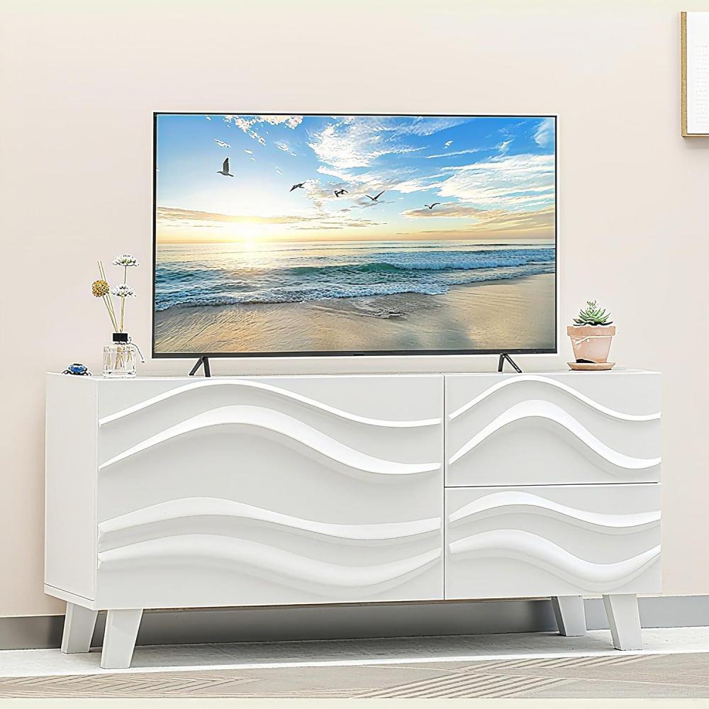 image:imageGiantex Small TV Stand for Tvs up to 44 White Entertainment Center wStorage amp Drawers Sideboard Buffet Cabinet Modern TV Console Table wWavy Pattern Design for Bedroom Living Room