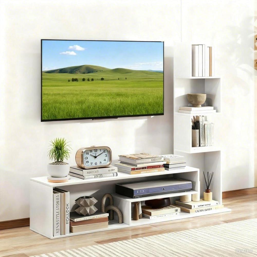 image:imageGiantex Small WhiteTV Stand for 3250 Inch TV LShaped Entertainment Center with Storage amp 3 Tier Bookshelf Wood Television Stands Modern TV Console Table for Living Room Bedroom