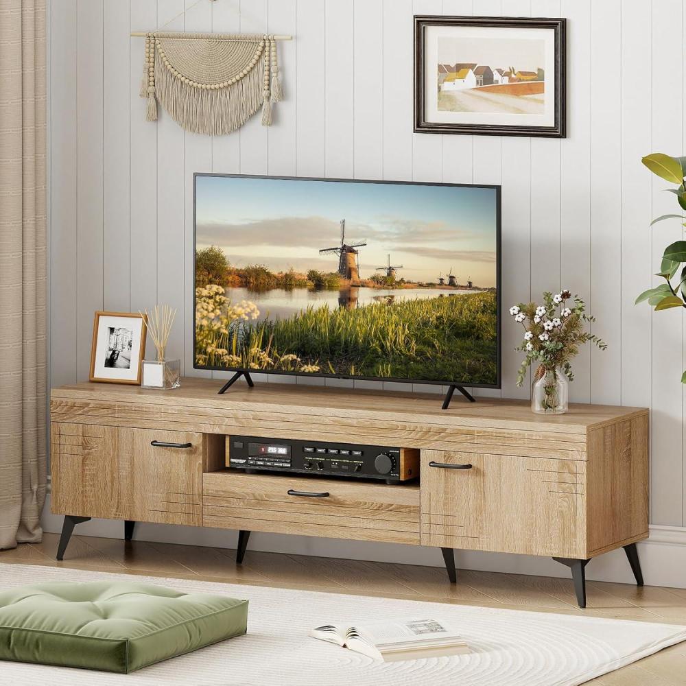 image:imageGiantex TV Stand for 65 Inch TV Mid Century Modern Entertainment Center with Carved Patterns 2 Cabinets 1 Drawer and 6 Metal Legs Media TV Console Table for Living Room Bedroom