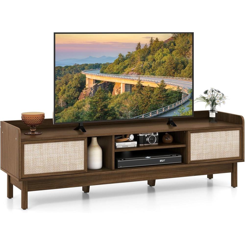 image:imageGiantex TV Stand for 65 TV Entertainment Center with Woven Doors Sliding Door Adjustable Shelf amp Compartment Cable Holes Mid Century Modern Media Console Table Television Stands for Living Room