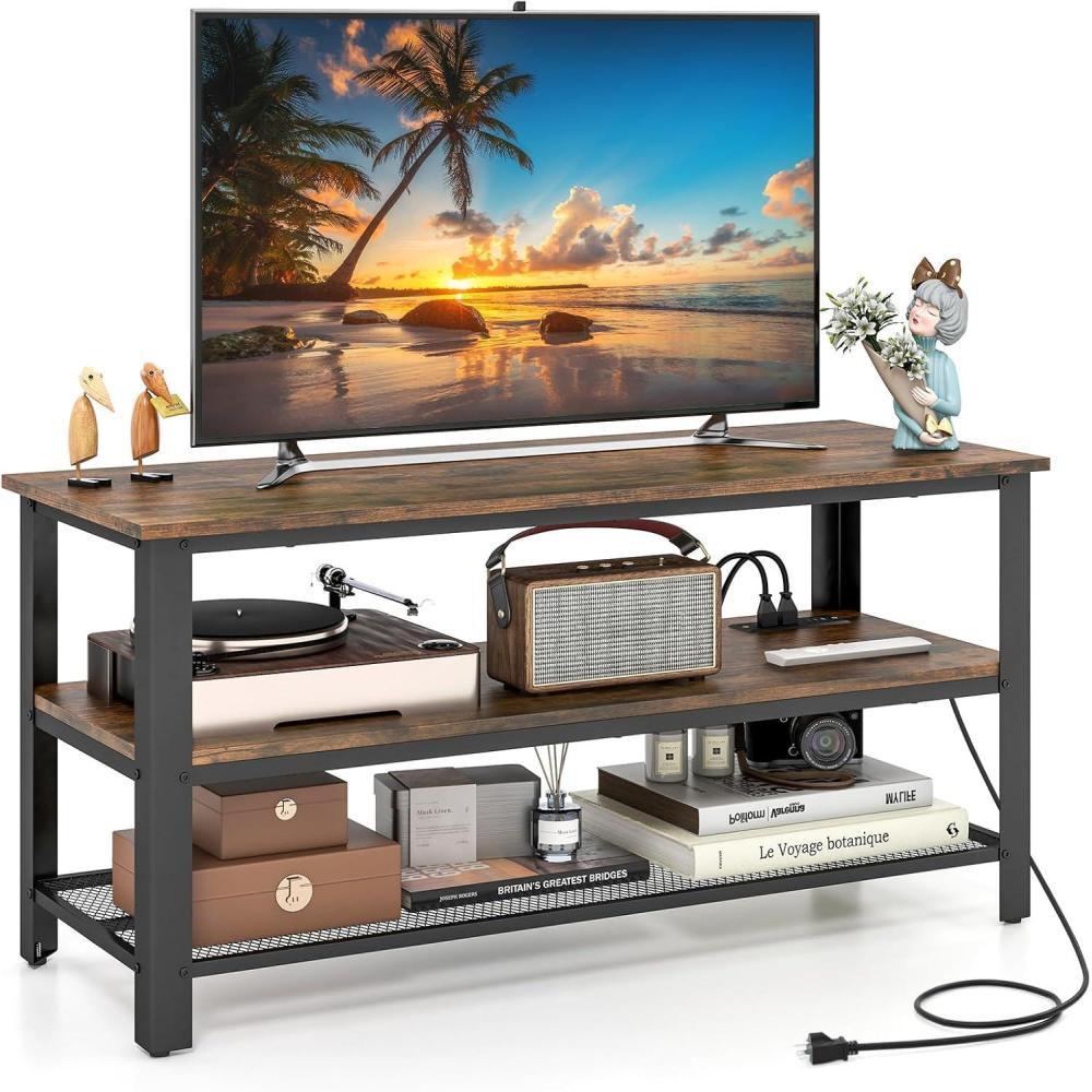 image:imageGiantex TV Stand for Bedroom Entertainment Center for TVs up to 50 3Tier Media Console Table with Outlets USB PortsStorage Shelves Metal Frame 435 TV Table for Living Room Rustic Brown