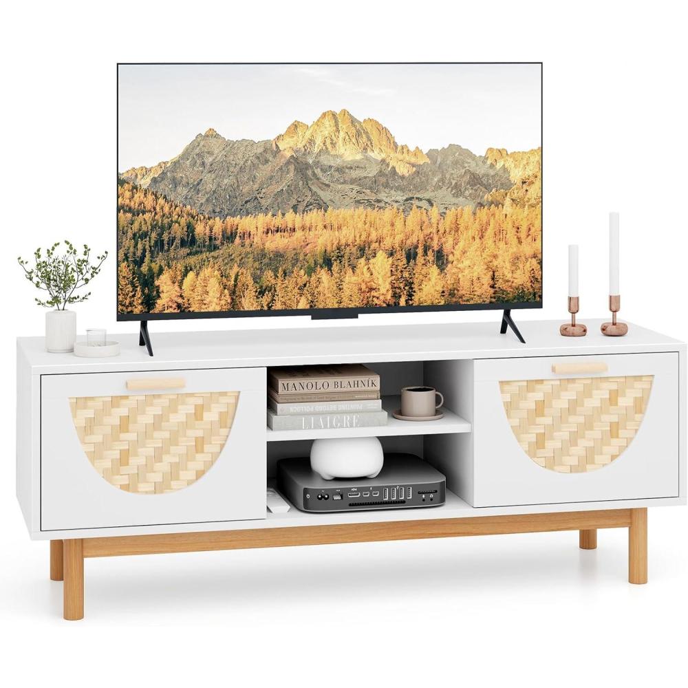 image:imageGiantex TV Stand for TV up to 55 Television Stand with Open Shelves 2 Drawers Solid Wood Legs TV Cabinet Media Console Table for Office Living Room Bedroom Entertainment Center White
