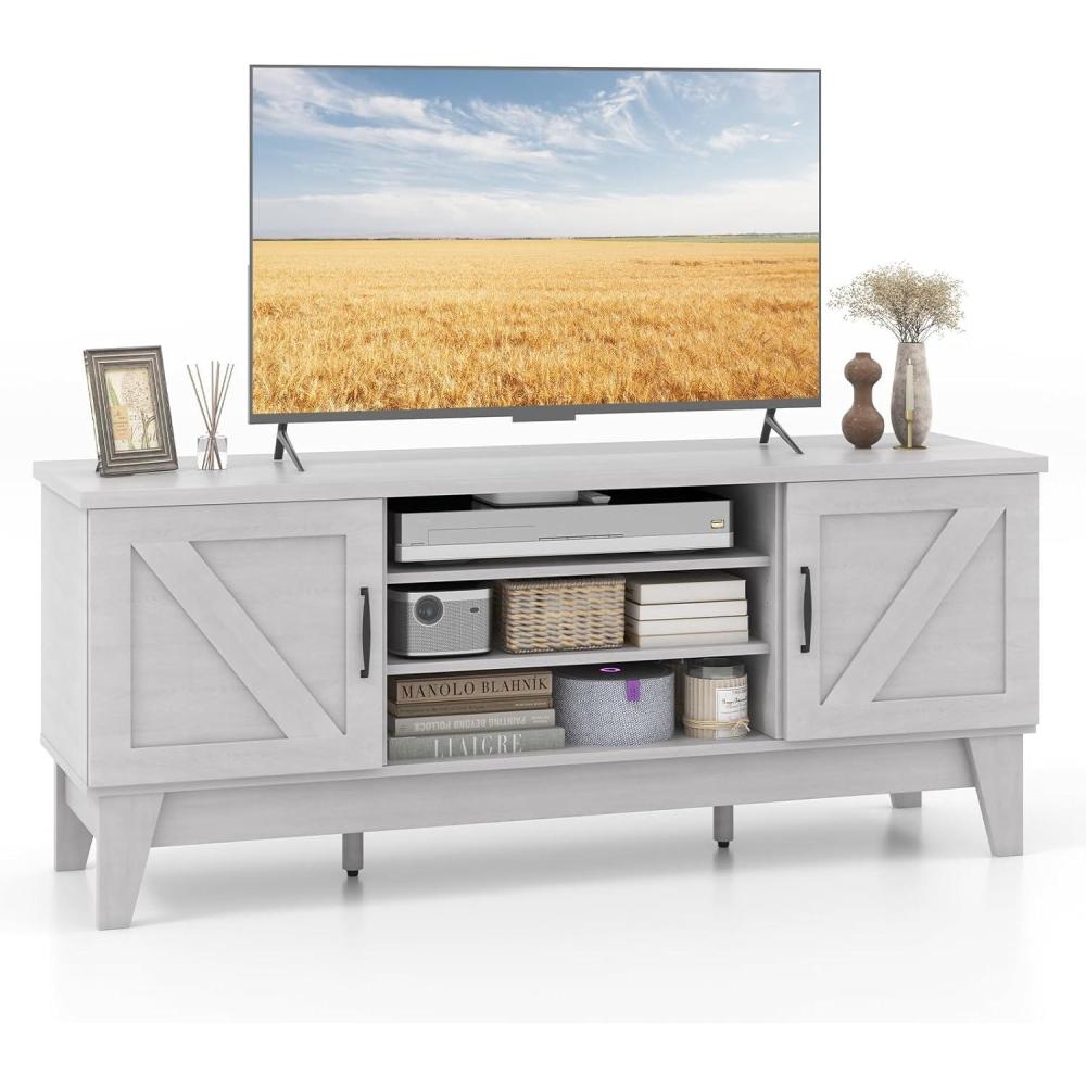 image:imageGiantex TV Stand for TVs Up to 65 Inches Entertainment Center with 2 Barn Door Cabinets 4 Adjustable Shelves 2 Extra Support Legs Farmhouse Media TV Cabinet for Living Room TV Console Whitewash