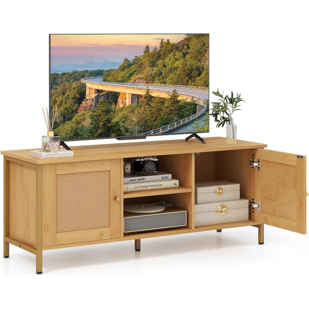 image:imageGiantex TV Stand for TVs up to 55  Farmhouse Entertainment Center with 2 Cabinets Storage Shelves PE Rattan Doors 5 Metal Legs Cable Management Holes Boho TV Media Console for Living Room