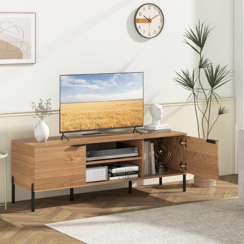 image:imageGiantex TV Stand for TVs up to 65 Entertainment Center with Charging Station 2 Cabinets Open Shelves 6 Sturdy Metal Legs Modern Media Console Television Stands for Bedroom Living Room Natural