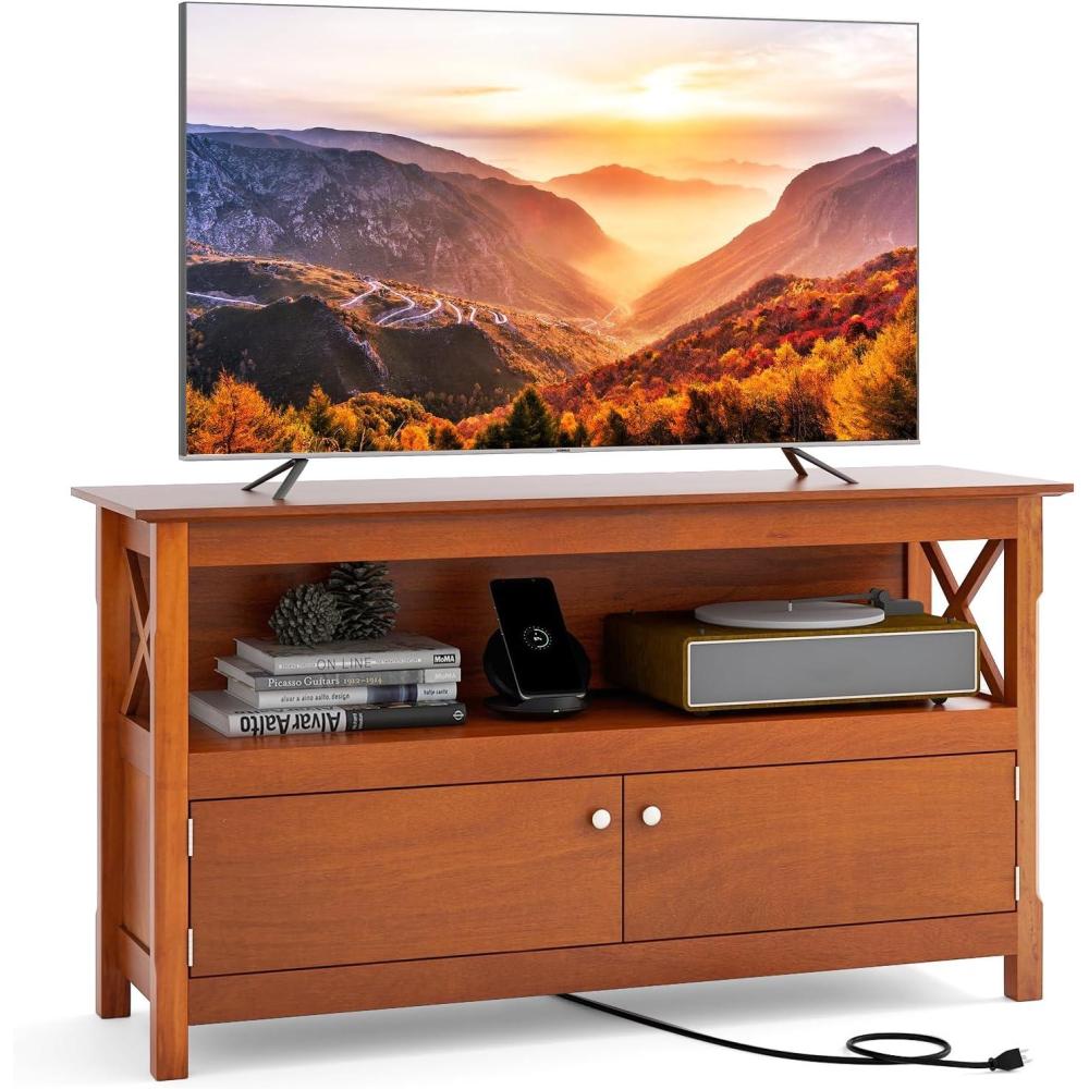 image:imageGiantex TV Stand with Power Outlet for TVs up to 50 Inch Entertainment Center with 2Door Cabinet Storage Shelf 2 Cable Holes Modern Media Console Table for Living Room Bedroom TV Cabinet BrownBrown