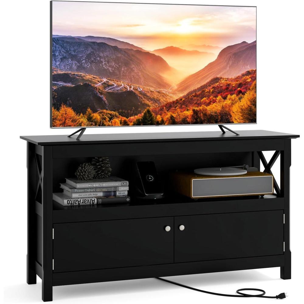 image:imageGiantex TV Stand with Power Outlet for TVs up to 50 Inch Entertainment Center with 2Door Cabinet Storage Shelf 2 Cable Holes Modern Media Console Table for Living Room Bedroom TV Cabinet BrownBlack