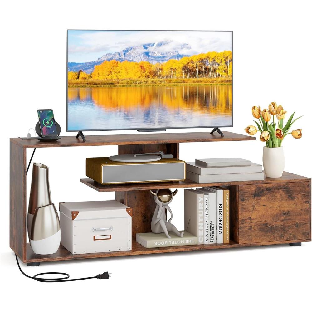 image:imageGiantex TV Stand with Power Outlet for TVs up to 55 Inch Entertainment Center with Storage Cabinet amp Open Shelves Media Console Table Modern Television Stands for Living Room Bedroom Rustic Brown