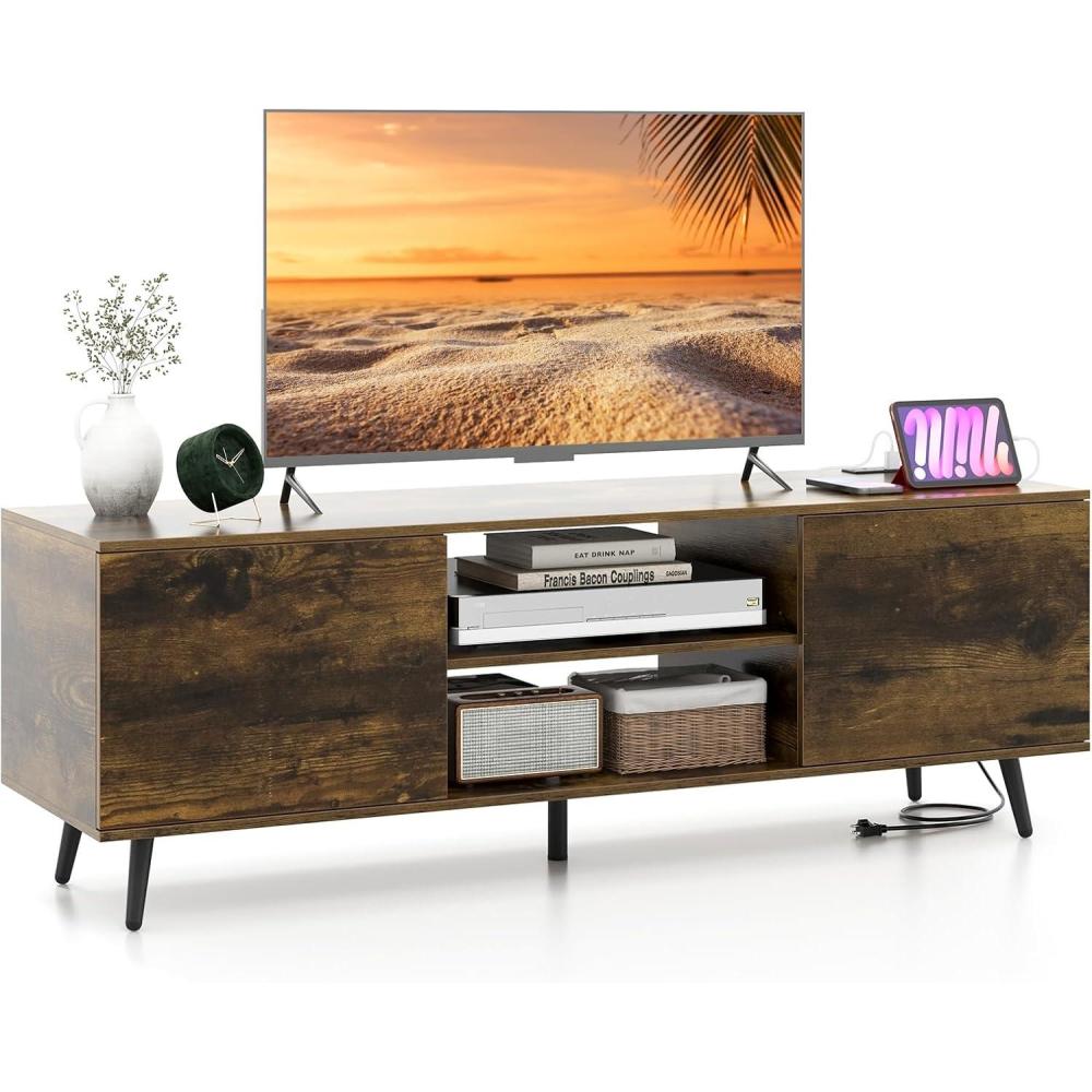 image:imageGiantex TV Stand with Power Outlet for TVs up to 60 Entertainment Center with Cable Hole Cabinets Adjustable Shelf Modern Media Console Television Stands for Living Room Bedroom BlackRustic Brown