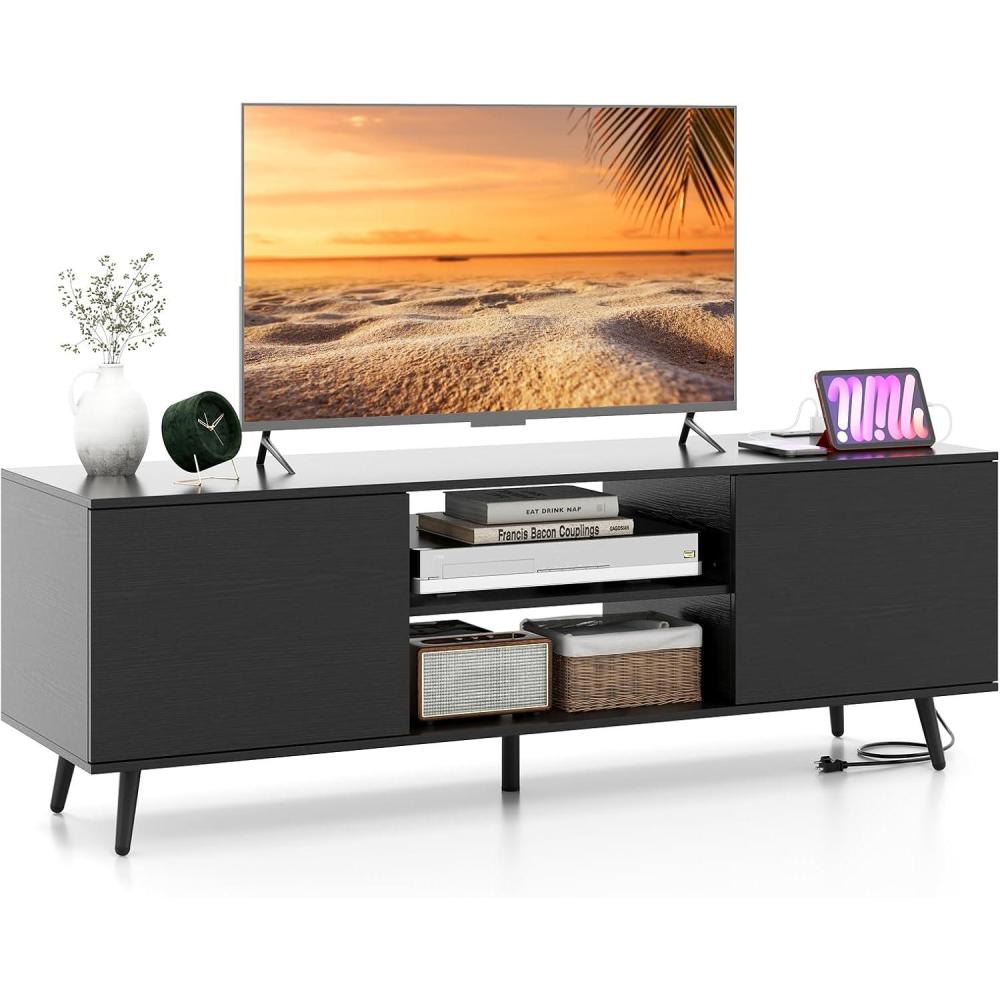 image:imageGiantex TV Stand with Power Outlet for TVs up to 60 Entertainment Center with Cable Hole Cabinets Adjustable Shelf Modern Media Console Television Stands for Living Room Bedroom BlackBlack