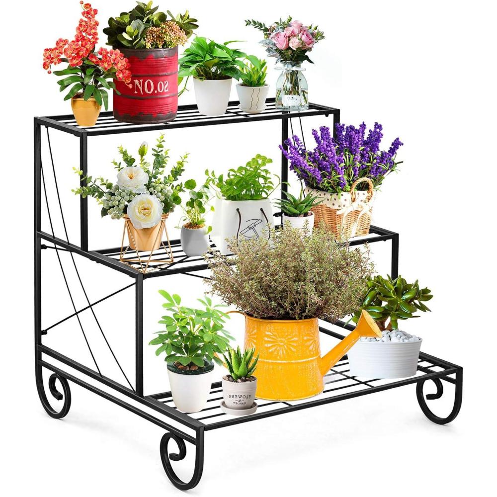 image:imageGiantex Tiered Plant Stand Outdoor 3 Tier Metal Plant Stands for Multiple Plants w Curved Legs Garden Shelf Flower Pot Holder Storage Organizer Rack for Indoor Outdoor Garden Balcony Porch