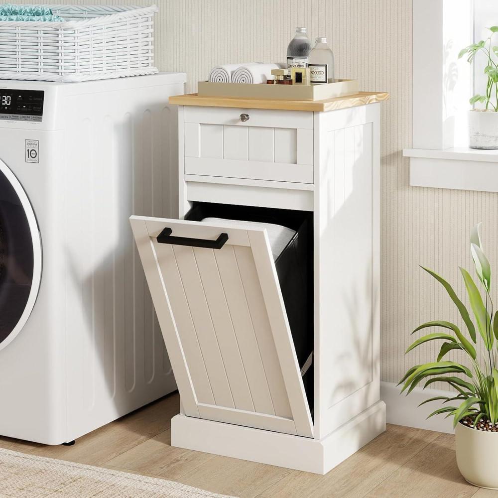 image:imageGiantex Tilt Out Laundry Hamper Cabinet Bathroom Storage Cabinet with Drawer Removable Laundry Basket Bamboo Countertop 10 Gallon Hidden Wood Laundry Cabinet WhiteWhite