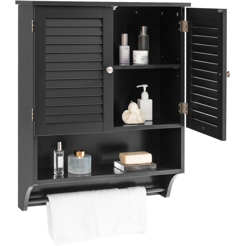 image:imageGiantex Wall Mounted Bathroom Cabinet with 2 Louvered Doors 3Position Adjustable Shelf Towel Bar Over The Toilet Space Saver Above Toilet Hanging Medicine Cabinet EspressoBlack