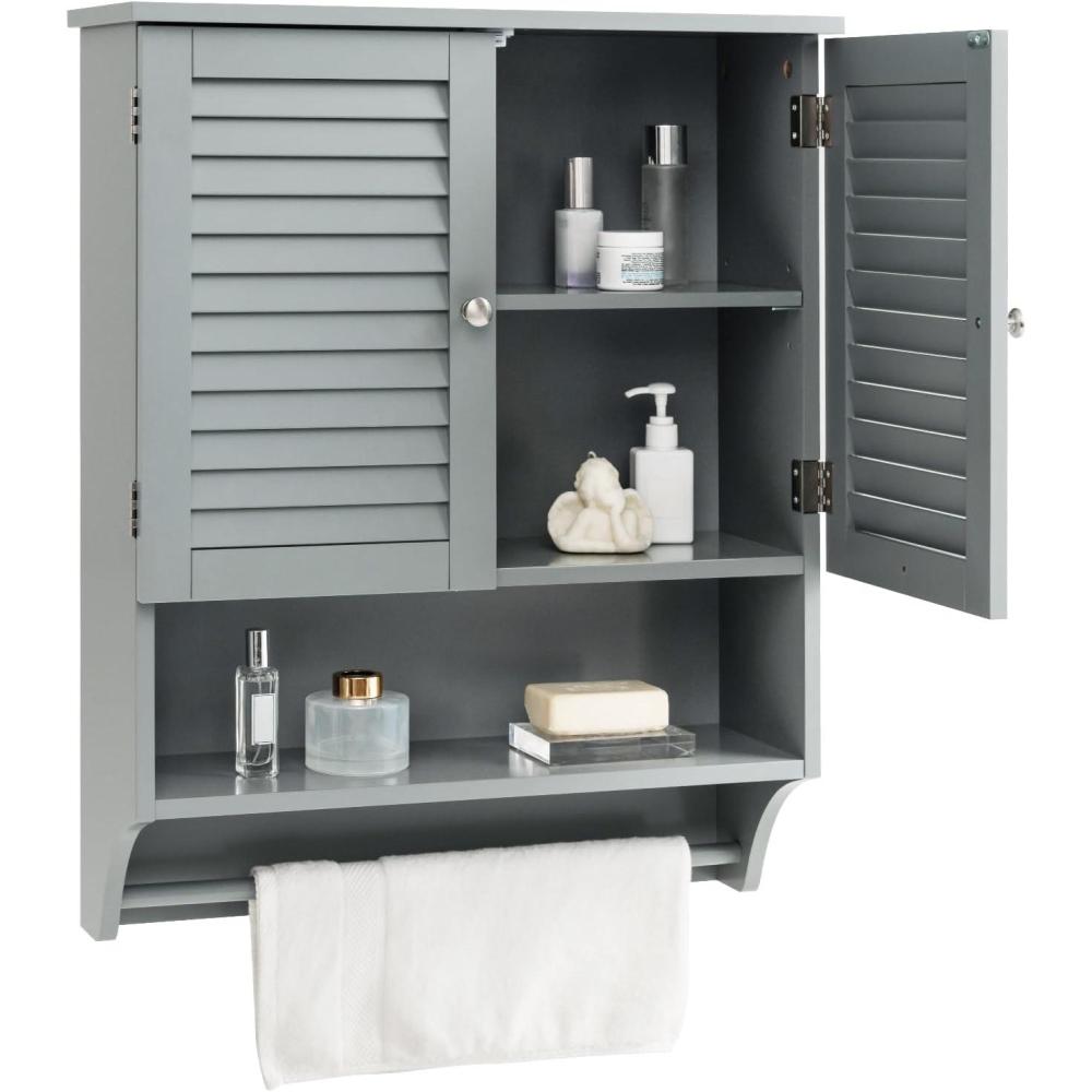 image:imageGiantex Wall Mounted Bathroom Cabinet with 2 Louvered Doors 3Position Adjustable Shelf Towel Bar Over The Toilet Space Saver Above Toilet Hanging Medicine Cabinet EspressoGrey