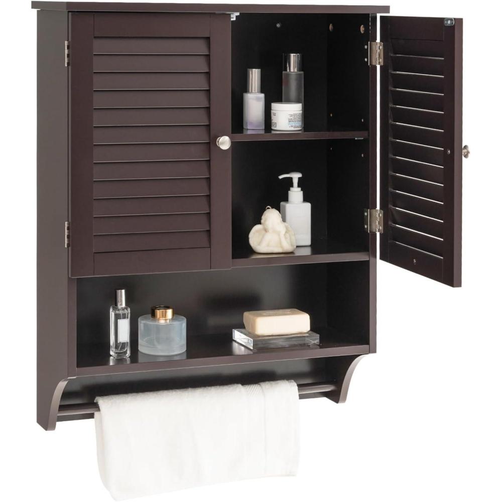 image:imageGiantex Wall Mounted Bathroom Cabinet with 2 Louvered Doors 3Position Adjustable Shelf Towel Bar Over The Toilet Space Saver Above Toilet Hanging Medicine Cabinet EspressoEspresso